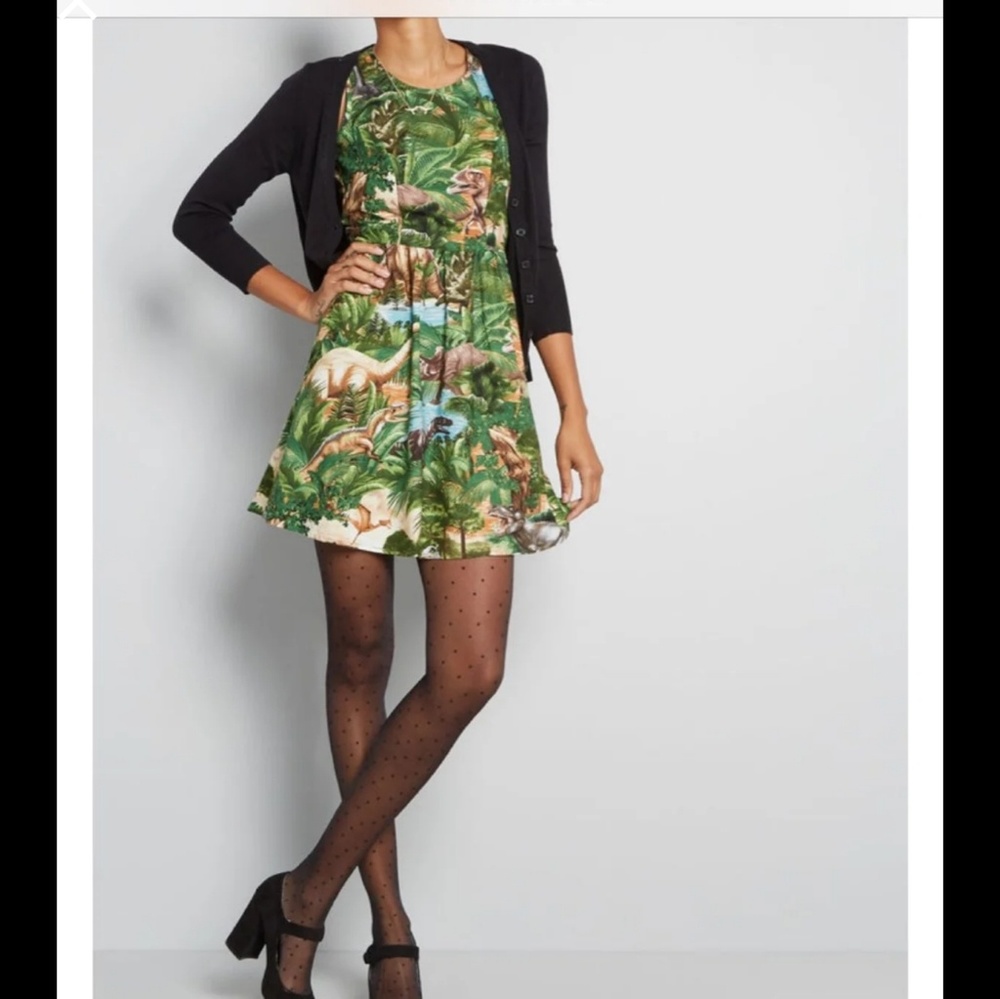Modcloth dinosaur print swing dress L euc